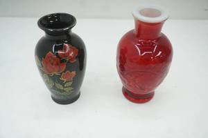 lot 37 image: Vintage Vases 1981 Avon Spring Bouquet red cased glass vase & Black Porcelain wgold accents vase