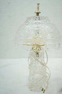 lot 50 image: Vintage Crystal Mushroom Table Lamp wetched floral design and diamond cut pattern 13.5 tall