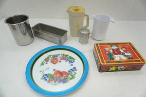 lot 90 image: Vintage Tin Serving Tray, Vintage Juice Container, Stainless Steel Container, Shaker, Poly Pour container, aluminum baking dish, cookie tin