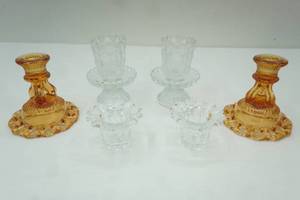 lot 98 image: Vintage Westmoreland amber glass candlestick holders DoricPrincess Feather