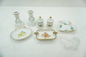 lot 99 image: Vintage Porcelain Ashtrays, soap dish, antique dusting powder porcelain jars, vintage porcelain candlesticks