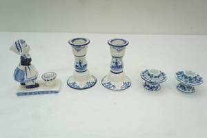 lot 128 image: Vintage Delft Blue Dutch Holland Ceramic Taper Candle Holders, Elesva Holland 757 Delft Candle Holder, Flow Blue & WHite porcelain candlestick holders