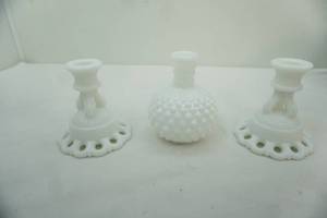lot 157 image: Vintage Milk Glass Open Lattice Candlestick Holders ad Hobnail Perfume Jar
