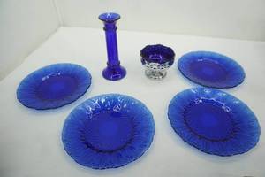 lot 158 image: Vintage Avon Royal Sapphire Cobalt Blue 8 Salad Plates, Pedestal Candy Dish, and Candle Holder
