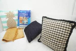 lot 186 image: Storage Tote, Rug, Throw Pillows, Batting