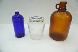 lot 212 image: Vintage Brown Glass Jug, vintage Cobalt Blue Glass Bottle, vintage glass Chunky Jar