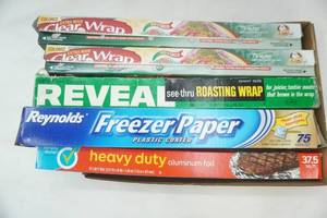 lot 218 image: Kitchen Supplies plastic wrap, freezer paper, roasting wrap, aluminum foil