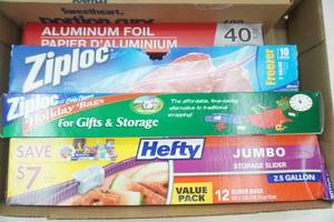 lot 220 image: Kitchen Supplies potion cups, aluminum foil, ziplock bags, hefty bags