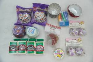 lot 228 image: Vintage Aluminum Muffin Tins (reusable), variety of paper baking cups, heart picks