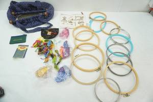 lot 265 image: Cross Stitch & Needlepoint Hoops, thread, needles, 2 canvas bags