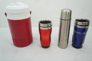 lot 266 image: water cooler jug, stainless thermos, 2 travel mugs