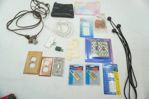 lot 274 image: New Brass combination locks,decorative electrical covers, push pins, extension cords and more