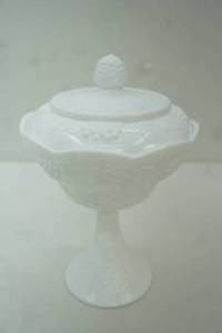 lot 294 image: Vintage Indiana Glass milk glass covered compote Harvest Grape 11 tall