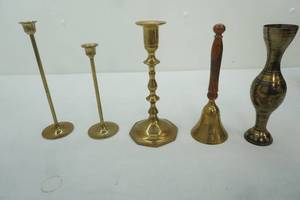 lot 298 image: Vintage Brass Candlesticks, Vase, and Bell