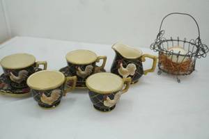 lot 303 image: Vintage Black Ceramic Rooster & Fruit Themed Tea Set, Decorative Wire Basket