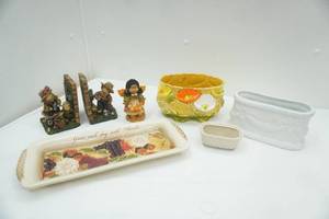 lot 304 image: Scarecrow bookends, autumn angel figurine, vintage ceramic planters, ceramic serving tray