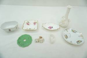 lot 318 image: Vintage Rose China Pieces, gold accents, rose bud vase, powder cover