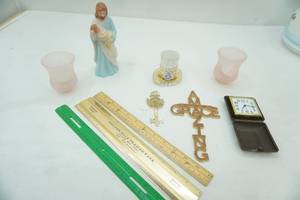 lot 332 image: Vintage House of Lloyd Jesus Figurine, Lusterware Souvenir Shot GLass and Dish, vintage portable clock and more