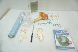 lot 333 image: Vintage Poly Oven Mitt Wall Hangs, packing Tape Dispenser, glass anniversary photo frame and more