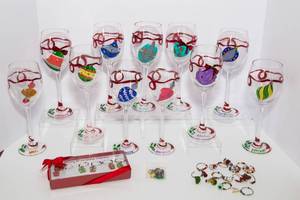 lot 12 image: 11 Hand-painted Christmas Wine Glasses and Christmas Wine Glass Charms