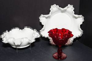 lot 41 image: Fenton Glass Collection  Ruby Red Hobnail Pedestal Dish & Silver Crest Milk Glass Bowls