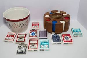 lot 66 image: Wooden Poker Chip Carousel, Serving Bowl and Decks of Cards