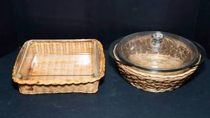 lot 73 image: Glass Baking Dishes with Wicker Basket Holders