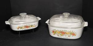 lot 83 image: Vintage Spice of Life Glass Baking Dishes with Pyrex Lids  Set of 2