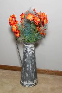 lot 80 image: Tin Decorative Pitcher with Faux Flowers