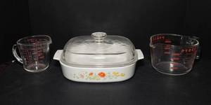 lot 192 image: CorningWare Wildflower Baking Dish & Pyrex Measuring Cups