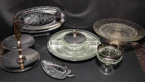 lot 213 image: Seven Pieces of Metal and Cut Glass Servingware
