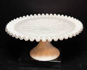 lot 217 image: Vintage Fenton Silver Crest Spanish Lace Pedestal White Milk Glass Cake Plate