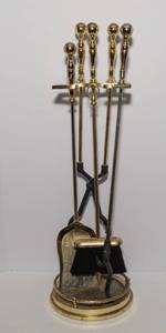 lot 227 image: MCM 4-Piece Brass Fireplace Tool Set with Stand