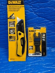 DEWALT Spring Assist Pocket Knife and Folding Utility Knife Set and a DEWALT Oscillating Tool Blade