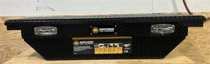 lot 240 image: Northern Tool  Equipment Short Bed Low-Profile Crossover Truck Toolbox with Removable Tray, 63in. x 20in. x 13in., Aluminum, Gloss Black, Pull Handle Latches #41911 Msrp $449.99