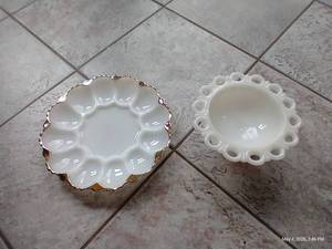 Vintage Anchor Hocking Deviled Egg Tray & Lace Egg Milk Glass Pedestal Bowl