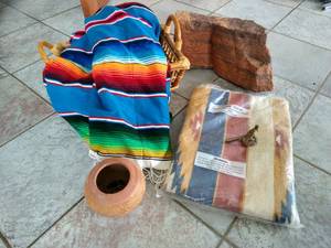 Mexican Blanket, Large Rock, New Rug & Replica Pot