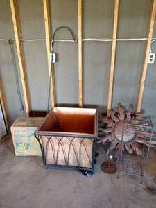 Garden Lot - Large Metal Pot, Hose Reel, Shepherds Hook, Etc
