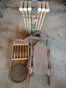 Vintage Metal Washboard, Vintage Sled, Cast Iron & Croquet