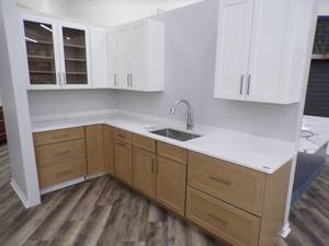 lot 15 image: White Upper Cabinets with Brown Lower Cabinets Kitchen