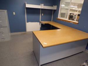 lot 111 image: Upstairs Blue Office - Desk, Filing Cabinet, Wall Shelving