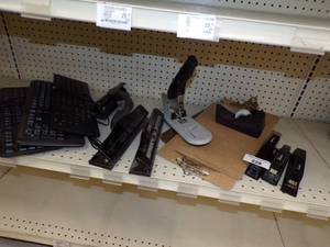 lot 228 image: Keyboards 3, Hole Punch 3,  Staplers 5, clipboards 4, Tape Dispenser