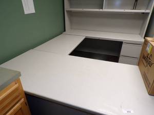 lot 252 image: Green Office - Desk, Cabinet with Countertop, File Cabinet and Coatrack