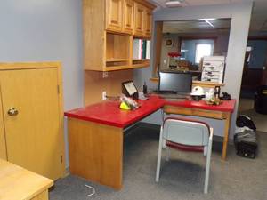 lot 349 image: Office Red Desk and Wall Cabinet, Chair, Wood Table, and File Cabinet