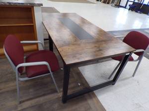 lot 1 image: Wood Top Metal Table and 2 Chairs