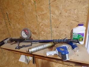 lot 432 image: Grease Gun, grease, Hammers, Tape Dispenser  and more