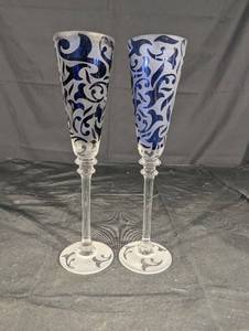 Michael Weeks 2005 Blue Frosted Etched Champagne Flutes - Set of 2