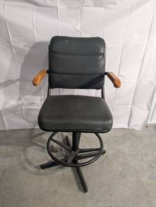Black Vinyl Bar Stool With Wood Arm Rests, Foot Ring, Four-Point Base