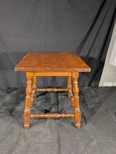 Antique Oak End Table with Turned Legs and Lower Stretchers