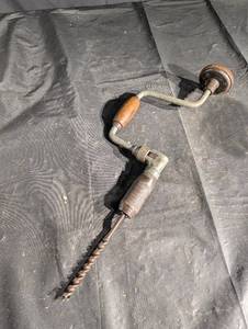 Vintage Hand Drill Brace with Wooden Grip and Long Auger Bit - Made in USA